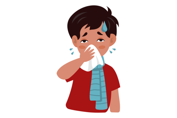 Sick Boy with Virus. Blows His Nose into: A Visual Guide to Cold and Flu Symptoms